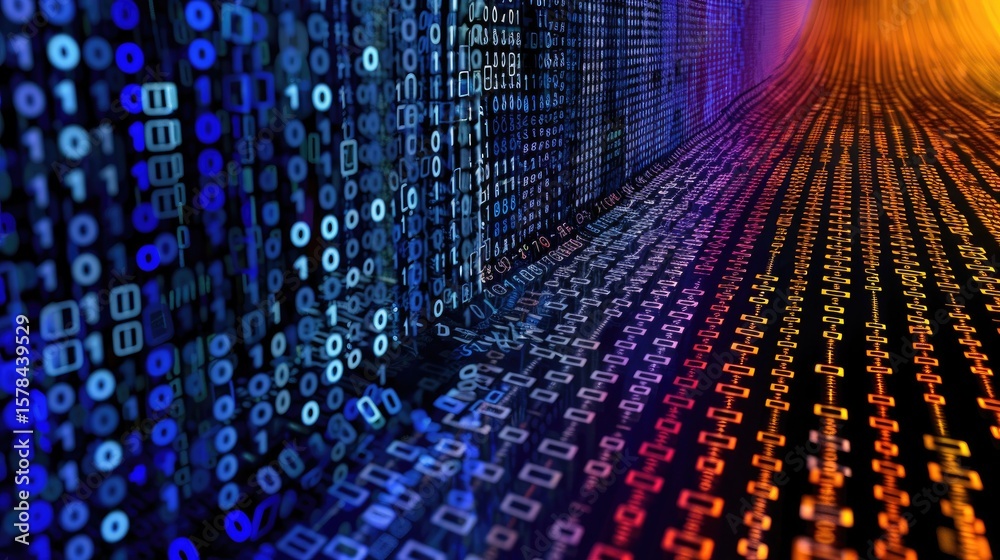 Poster horizontal stream of binary code in vivid blue and orange gradient colors, futuristic tech design