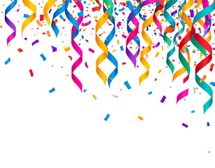 Colorful confetti with ribbon on white background.
