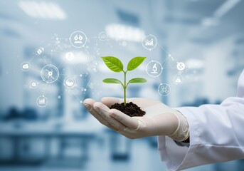 Scientist's gloved hand holding a seedling with digital network overlay in a laboratory