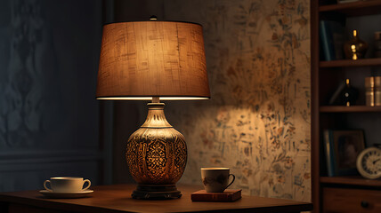 Wooden Table with Teacups and Glowing Lamp

