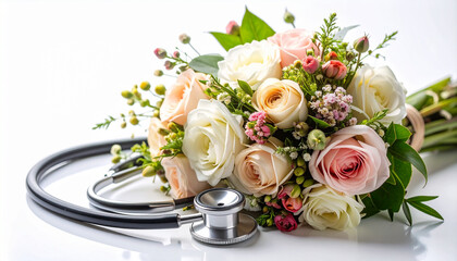 Symbol of Care: Bouquet of Flowers Wrapped with Stethoscope on White Background in Bright Natural Light