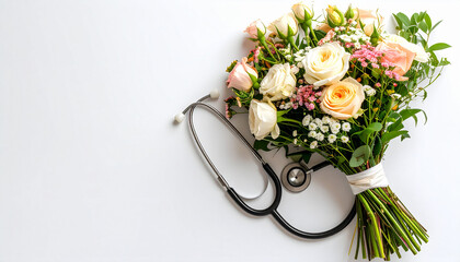 Symbol of Care: Bouquet of Flowers Wrapped with Stethoscope on White Background in Bright Natural Light
