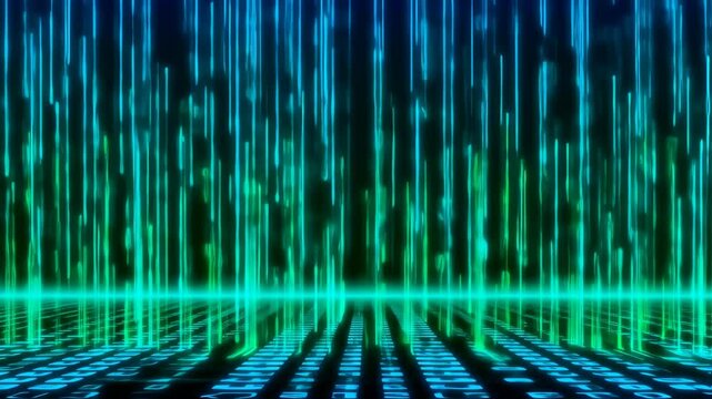 Digital Data Stream Flowing with Vertical Light Beams and Matrix Code in Futuristic Cyber Environment