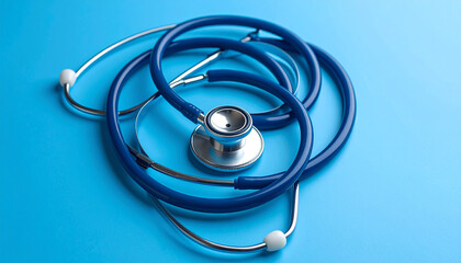 Symmetry in Medicine: Stethoscope Arranged in Spiral Shape on Clean Blue Background, Center-Focused