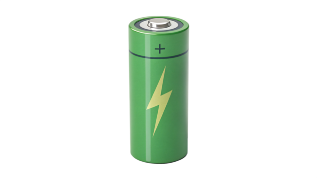 A green alkaline battery with a lightning bolt symbol isolated on transparent background - Powered by Adobe
