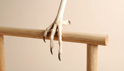 Elegant Detail: Close-Up of Bird Claw on Wooden Perch Against Beige Backdrop in Minimalistic Setting
