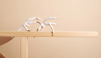 Elegant Detail: Close-Up of Bird Claw on Wooden Perch Against Beige Backdrop in Minimalistic Setting