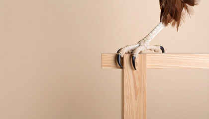 Elegant Detail: Close-Up of Bird Claw on Wooden Perch Against Beige Backdrop in Minimalistic Setting