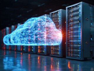 Glowing Blue Cloud Protecting Server Room