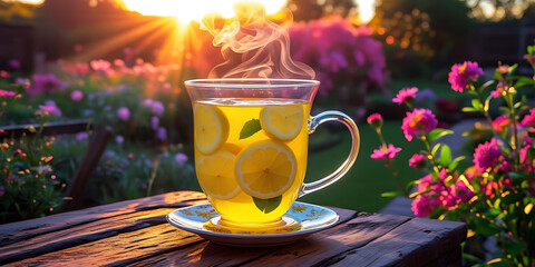 Steaming Lemon Tea with Pink Flowers in Sunlight

