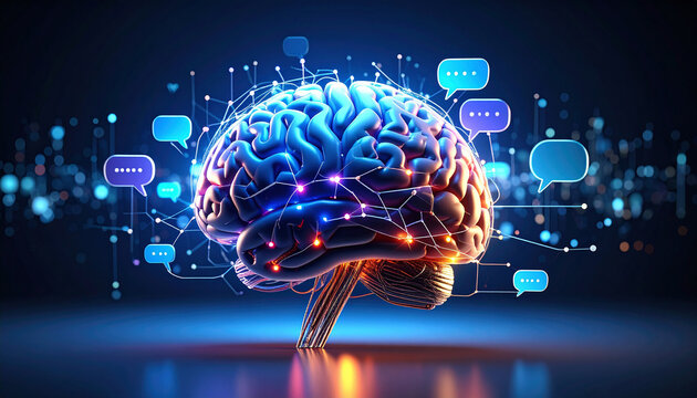 3D Digital Brain with Glowing Pathways and Speech Bubbles, Generative AI Visual Metaphor