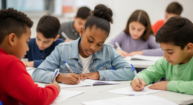 Young students intently focused on writing in their notebooks during a lesson in a bright classroom