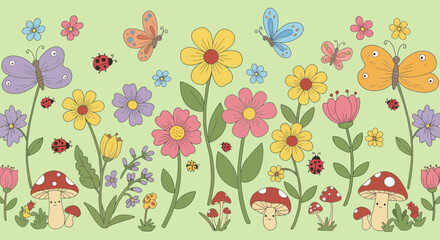 Cute cartoon floral meadow with flowers butterflies ladybugs and mushrooms illustration