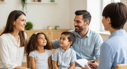 A diverse family participates in a therapy session with a counselor, discussing mental health and wellbeing