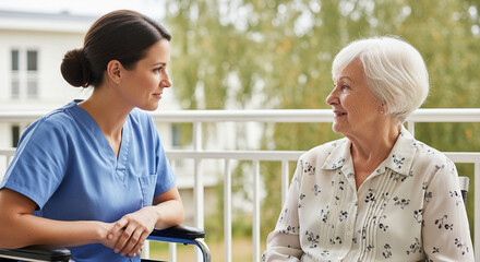 A compassionate caregiver talks with a smiling elderly woman in a wheelchair on a balcony
