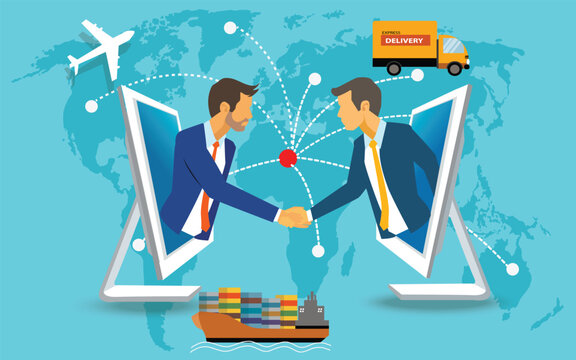 Online business global trading with express international shipping vector. Package, airplane, delivery truck, ship . Online business deal. vector, illustration