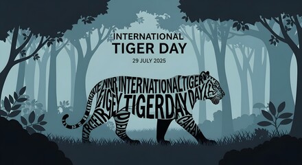 A stylized tiger silhouette, formed from text celebrating International Tiger Day, strides through a tranquil forest scene
