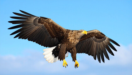 Fototapeta premium Soaring High: Close-Up of Eagle in Mid-Flight with Wings Fully Stretched Against Clear Blue Sky
