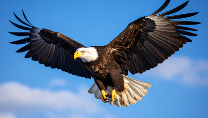 Soaring High: Close-Up of Eagle in Mid-Flight with Wings Fully Stretched Against Clear Blue Sky