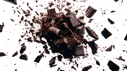 A pile of chocolate chips scattered on a white background