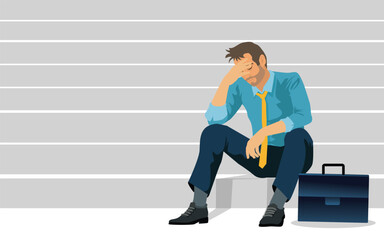 Fototapeta premium Depressed sad man sitting on the stairs of a business building, businessman in business clothes tired, jobless worried problem economic Person failure . vector, illustrationconcept.