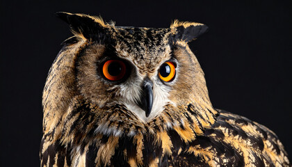 Fototapeta premium In the Eyes of Wisdom: Close-Up of Owl’s Face with Sharp Eyes Under Studio Lighting and Clean Black Background