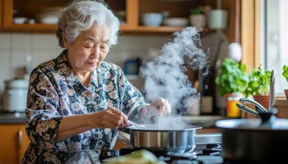 Senior woman cooking food in kitchen home with steam pot asian cuisine healthy lifestyle and happy retirement