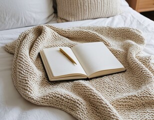 notebook with pen open on knitted light bedspread. cozy home