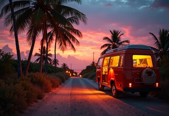 Vibrant Road trip with picnic baskets during firelight