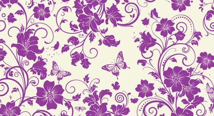 Elegant purple floral pattern with butterflies on a light background for decorative use