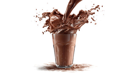 A glass of chocolate milk is poured into a cup, creating a splash