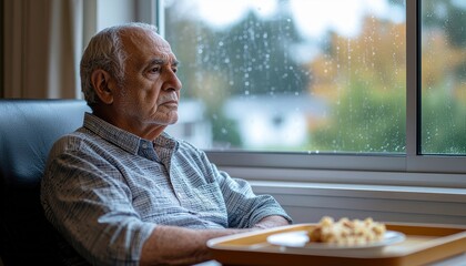 Senior man depression sadness loneliness window rain elderly person healthcare retirement home care thoughtful