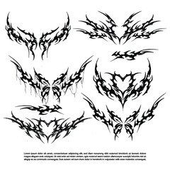 Hand Drawn Set Cybersigilism Y2k Tattoo Design, Cyber Neo Tribal Tattoo set