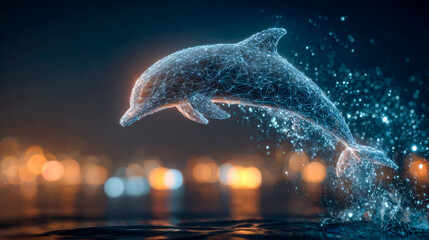 Digital rendering of a dolphin created from interconnected light points and lines, symbolizing technological innovation in marine life.