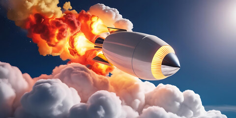 Soaring Rocket Against Vibrant Sky Background


