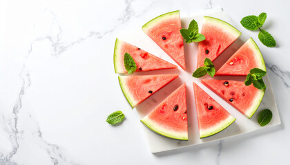 Refreshing Delight: Close-Up of Watermelon Slices with Mint Leaves on Marble Plate in Clean Modern Setting