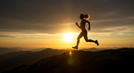 Silhouette of a Woman Trail Running in the Mountains at Sunset