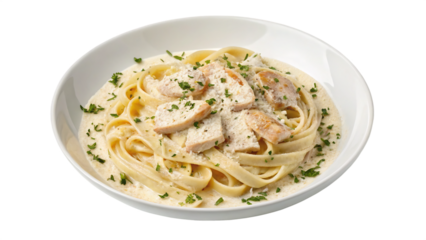 A delicious plate of chicken fettuccine Alfredo isolated on transparent background, garnished with fresh parsley and parmesan cheese