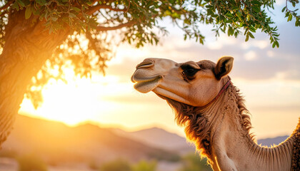 "Camel Raising Head Toward Sky – Profile Shot Framed by Desert Tree in Golden Natural Light"