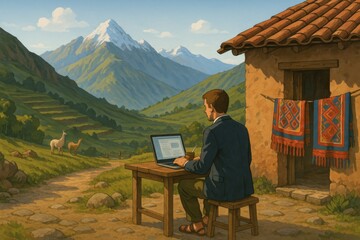 Workation in the Andes – Man Working Remotely in a Traditional Mountain Village