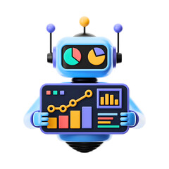 Naklejka premium A blue robot holds a screen displaying data analytics and statistics isolated on transparent background