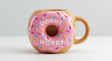 Playful "Donut Worry" Coffee Mug Shaped Like a Frosted Donut
