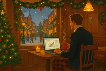 Holiday Workation – Man Working Remotely in a Cozy Christmas Café