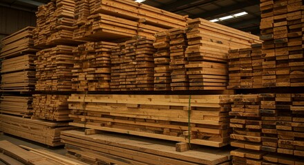 Stacked lumber in warehouse