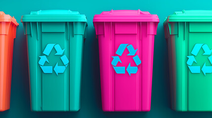 Colorful recycling bins with the recycle symbol, promoting waste management and environmental awareness.