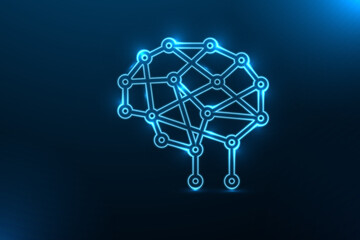 Low poly brain icon on dark blue gradient background. Abstract polygonal brain symbol for intelligence, AI, neuroscience, mental health, and digital innovation concepts.