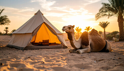 "Camel Resting Beside Tent in Desert Camp – Peaceful Moment in Soft Ambient Light Capturing Nomadic Stillness"