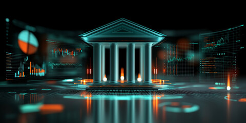 Imposantes Bankgebäude mit klassischen Säulen bei Nacht mit blauer Beleuchtung