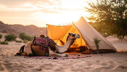 "Camel Resting Beside Tent in Desert Camp – Peaceful Moment in Soft Ambient Light Capturing Nomadic Stillness"