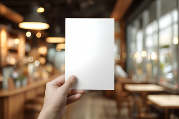 Hand holding blank white card in blurred cafe setting with warm lighting and wooden furniture akhtar